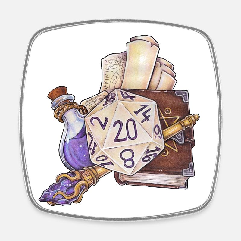 Wizard pour cadeaux de dés D20 sur table de jeu de rôle - Magnet carré - blanc