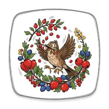 Cheerful bird in a berry wreath - Square fridge magnet - white - Front