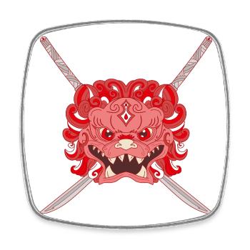 Lion chinois rouge et katanas croisés - Magnet carré - blanc - Devant