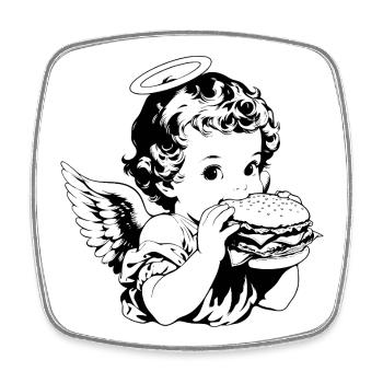 Burger Engel – Cherub isst Hamburger Vintage - Viereckiger Kühlschrankmagnet - Weiß - Vorne