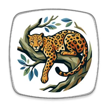 Léopard dans une couronne d’arbres posée sur une branche à motif léopard - Magnet carré - blanc - Devant