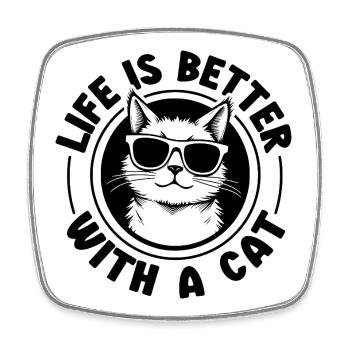 La vie est meilleure avec un chat - Chat avec des lunettes de soleil - Magnet carré - blanc - Devant
