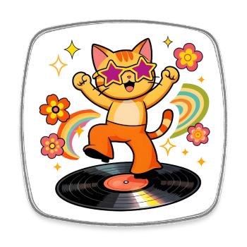 Disco-Katze auf farbigem Vinyl - Viereckiger Kühlschrankmagnet - Weiß - Vorne