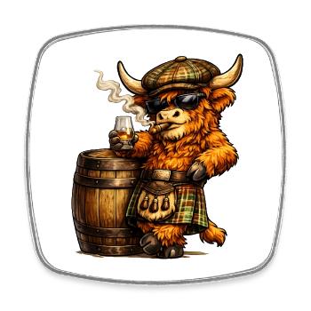 Highland Cattle with Whisky Barrel and Cigar - Square fridge magnet - white - Front
