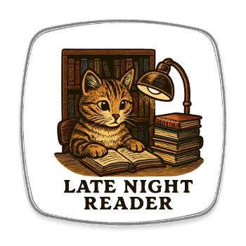Night Reading: Cat at the Reading Table - Square fridge magnet - white - Front