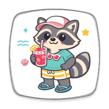 Raccoon on the beach with drink - Square fridge magnet - white - Front
