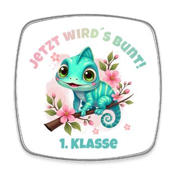 Chamäleon Aquarell - Jetzt wirds bunt - 1. Klasse - Viereckiger Kühlschrankmagnet - Weiß - Vorne