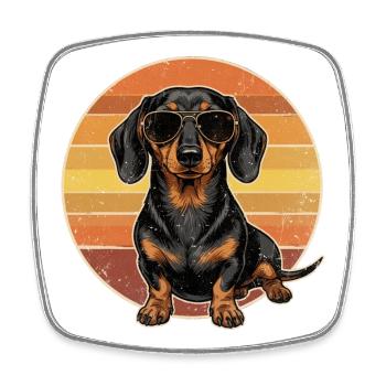 Vintage Dachshund Sunset Retro 70s Sunglasses Shirt - Square fridge magnet - white - Front