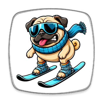 Dog Pug Skier Comique Sports d’hiver Drôle - Magnet carré - blanc - Devant