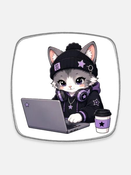 Purple and black coder cat - Square fridge magnet - white