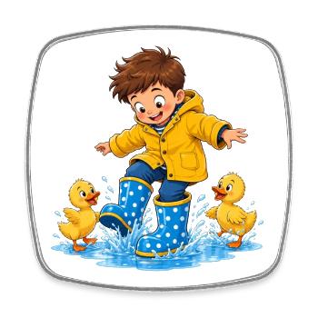 Junge springt mit Entenküken in Wasserpfützen - Viereckiger Kühlschrankmagnet - Weiß - Vorne