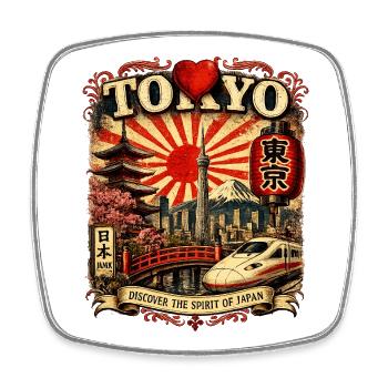 Tokyo Spirit: Shinkansen, Fuji & Sonnen - Viereckiger Kühlschrankmagnet - Weiß - Vorne