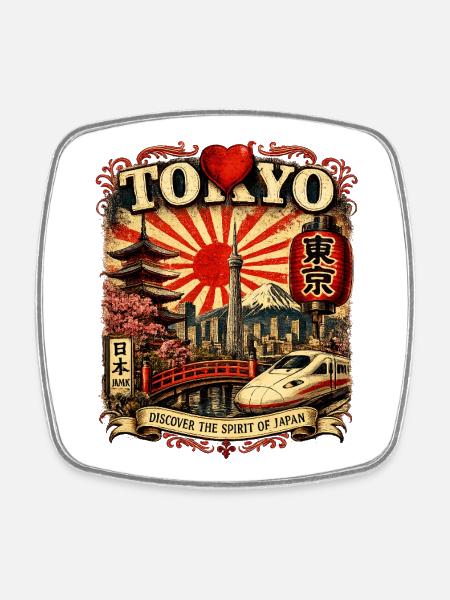Tokyo Spirit: Shinkansen, Fuji & Sonnen - Viereckiger Kühlschrankmagnet - Weiß
