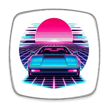 Neon Synthwave Auto am Sonnenuntergang - Viereckiger Kühlschrankmagnet - Weiß - Vorne