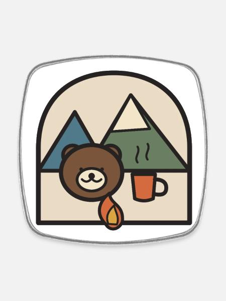 Bear campsite near mountains and coffee - Square fridge magnet - white