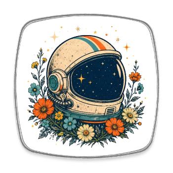 Cosmos Flowers Astronaut Helmet - Square fridge magnet - white - Front