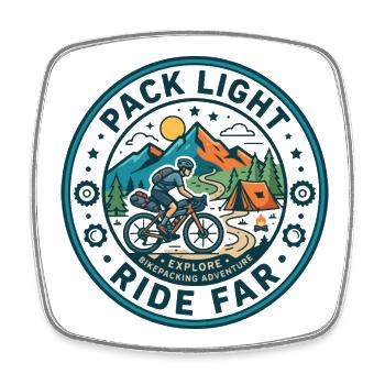 Pack Light Ride Far Bikepacking Vintage Badge Tee - Square fridge magnet - white - Front
