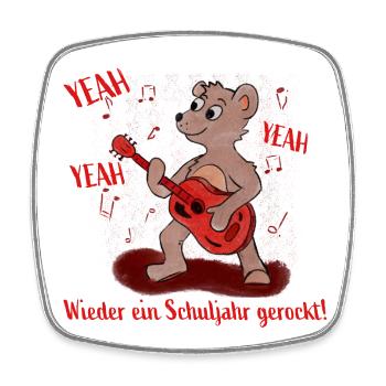 Yeah! Schuljahr gerockt - Teddy mit Gitarre - Viereckiger Kühlschrankmagnet - Weiß - Vorne