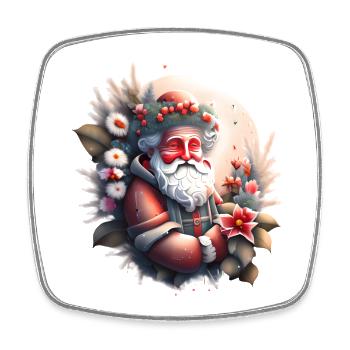 Un Père Noël souriant repose au milieu floral - Magnet carré - blanc - Devant