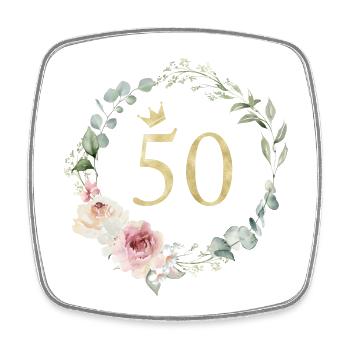 Numéro 50, Couronne de fleurs, personnalisable - Magnet carré - blanc - Devant