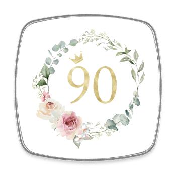 Zahl 90, Blumenkranz-Krone, personalisierbar - Viereckiger Kühlschrankmagnet - Weiß - Vorne