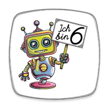 Sechs Jahre 6. Geburtstag kleiner Roboter mit Hut - Viereckiger Kühlschrankmagnet - Weiß - Vorne