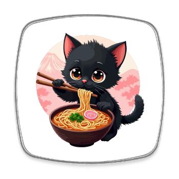 Cute Japanese Cat Eating Ramen Noodle Dish - Square fridge magnet - white - Front