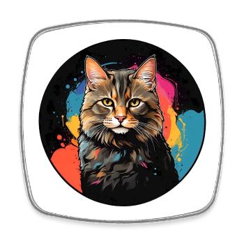 Portrait de chat mignon en technique d'aquarelle dans un cercle - Magnet carré - blanc - Devant