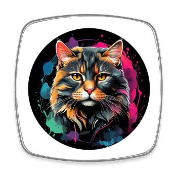 Portrait de chat mignon en technique d'aquarelle dans un cercle - Magnet carré - blanc - Devant