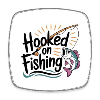 Hooked on Fishing – Lustiges Angel-Motiv - Viereckiger Kühlschrankmagnet - Weiß - Vorne