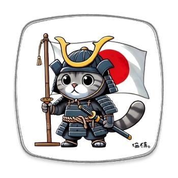 Neko Samurai - 猫侍。 - Japanese Samurai Cat - Square fridge magnet - white - Front