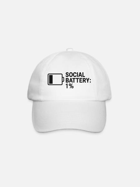Social Battery – 1% Left - Baseballkappe - Weiß/Weiß