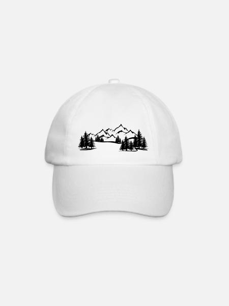 Berge Landschaft - Silhouette von Bergen und Tanne - Baseballkappe - Weiß/Weiß