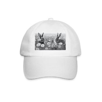 Hasen auf Blumenwiese GRAU mit ausgefranstem Rand - Baseballkappe - Weiß/Weiß - Vorne