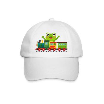 Grüner Comic-Frosch jubelt mit Spielzeugeisenbahn - Baseballkappe - Weiß/Weiß - Vorne