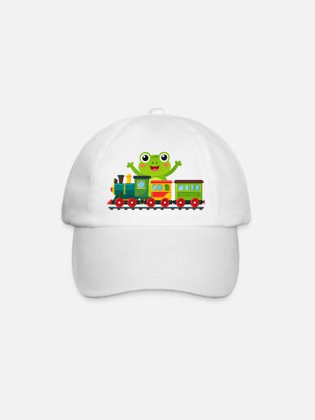 Grüner Comic-Frosch jubelt mit Spielzeugeisenbahn - Baseballkappe - Weiß/Weiß