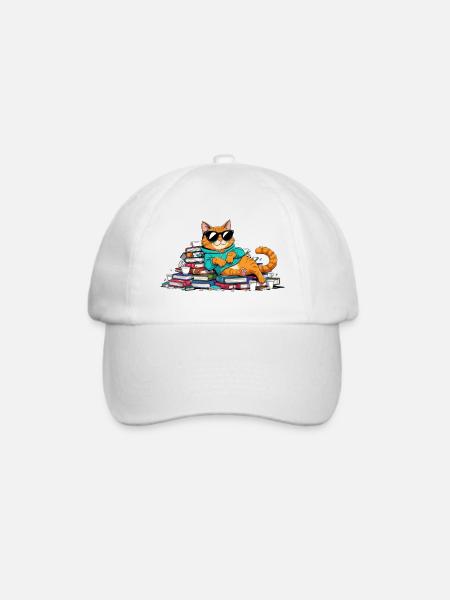Lässiger Bücherwurm Kater mit Sonnenbrille - Baseballkappe - Weiß/Weiß