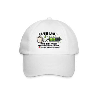 Kaffee läuft, Akku lädt – Geschenk Büro - Baseballkappe - Weiß/Weiß - Vorne