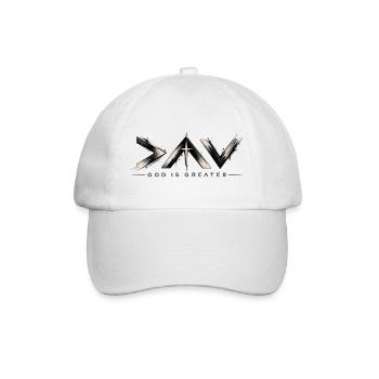 God Is Greater – Christliches Streetwear Design - Baseballkappe - Weiß/Weiß - Vorne