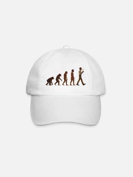 Evolutionsreise: Von Affe zu kaffeetrinkenden Mann - Baseballkappe - Weiß/Weiß