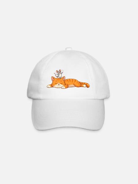 Schlafende Katze mit fröhlicher Maus - Baseballkappe - Weiß/Weiß