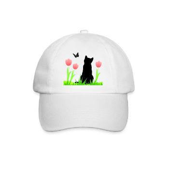 Frühlingsdesign - Katze, Tulpen, Schmetterling - Baseballkappe - Weiß/Weiß - Vorne