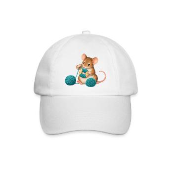 Maus wickelt einen Wollpompon - Baseballkappe - Weiß/Weiß - Vorne