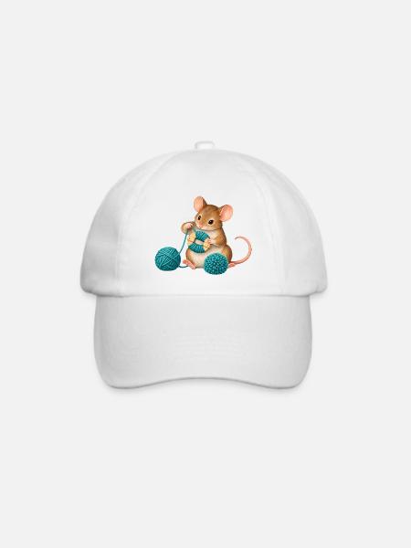 Maus wickelt einen Wollpompon - Baseballkappe - Weiß/Weiß