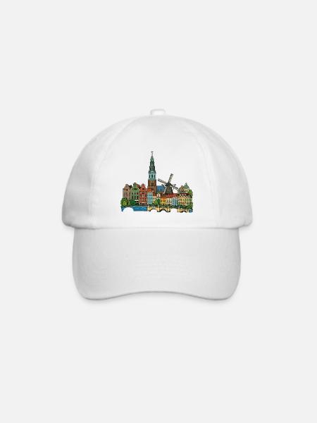 Niederländische Kanalhäuser Windmühlen-Retro-Skizze - Baseballkappe - Weiß/Weiß
