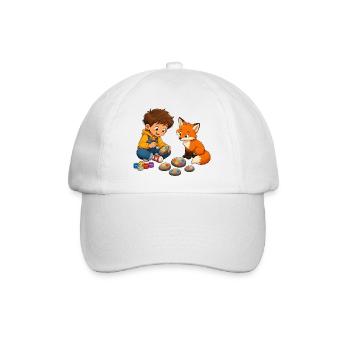Junge bemalt bunte Steine mit neugierigem Fuchs - Baseballkappe - Weiß/Weiß - Vorne