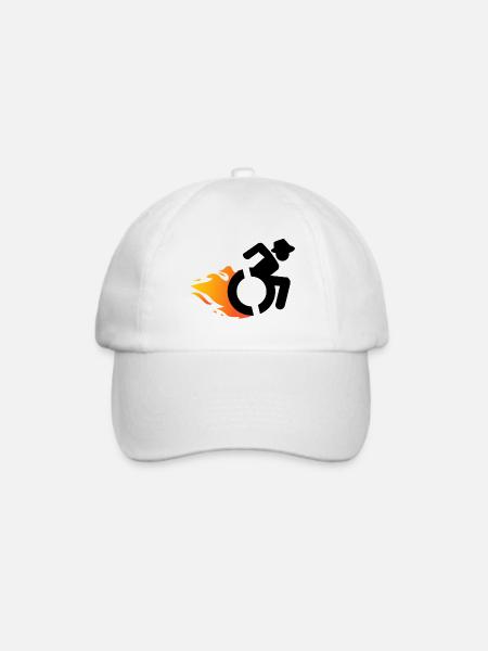 Rollstuhlfahrer mit Hut und Flammen # - Baseballkappe - Weiß/Weiß