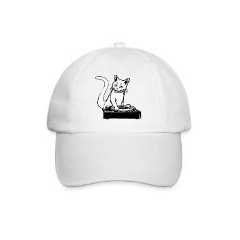 Katze als DJane am Turntable beim Scratching - Baseballkappe - Weiß/Weiß - Vorne