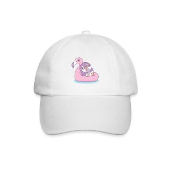 Netter lila Pinguin auf rosa Flamingo-Pool-Schwimmer - Baseballkappe - Weiß/Weiß - Vorne