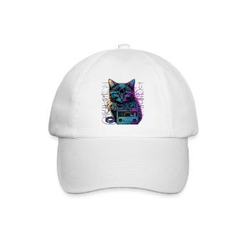 Katze mit Kassette - Baseballkappe - Weiß/Weiß - Vorne